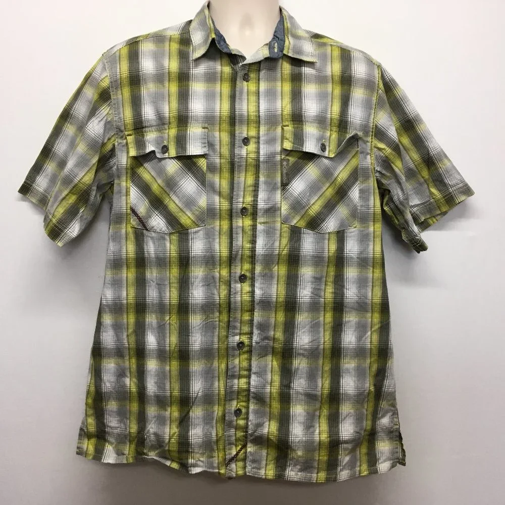 Columbia Mens L Button Up Shirt Yellow Gray Plaid‎ Short Sleeve Pockets